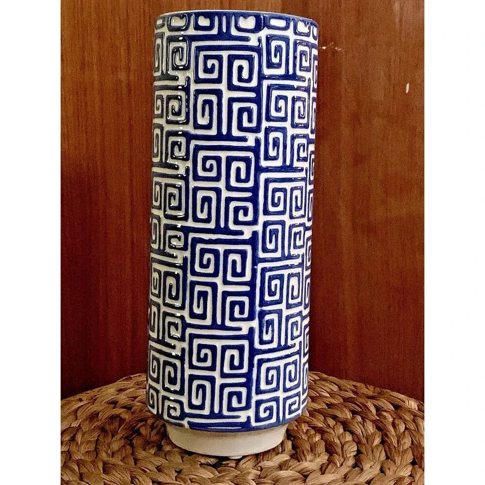 Vtg Inspired Blue White Greek Key Ceramic Vase Chinoiserie Hollywood Regency 10